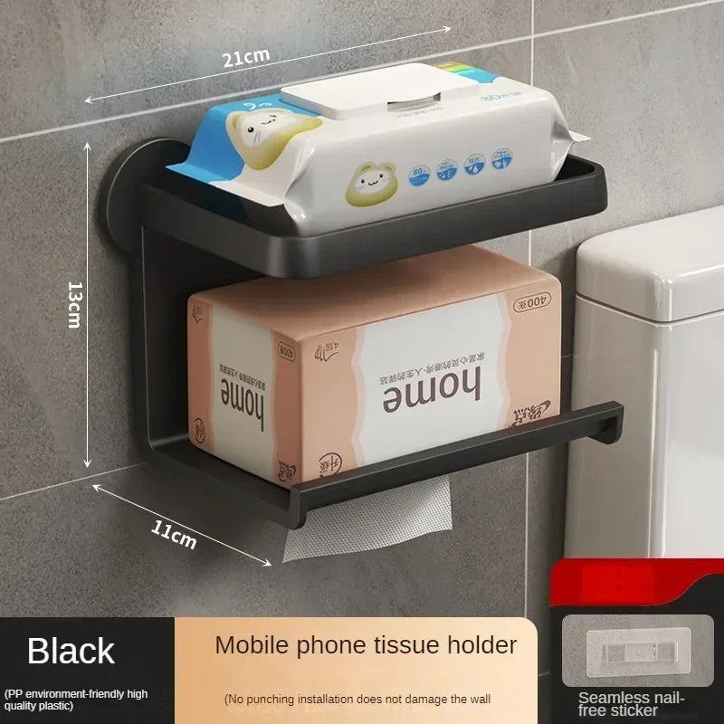 Toilet Paper Holder Stand Wall-Mounted Toilet Paper Dispenser Kitchen Bathroom Storage Rack for Tissue Box Shelf Phone Holde Lij