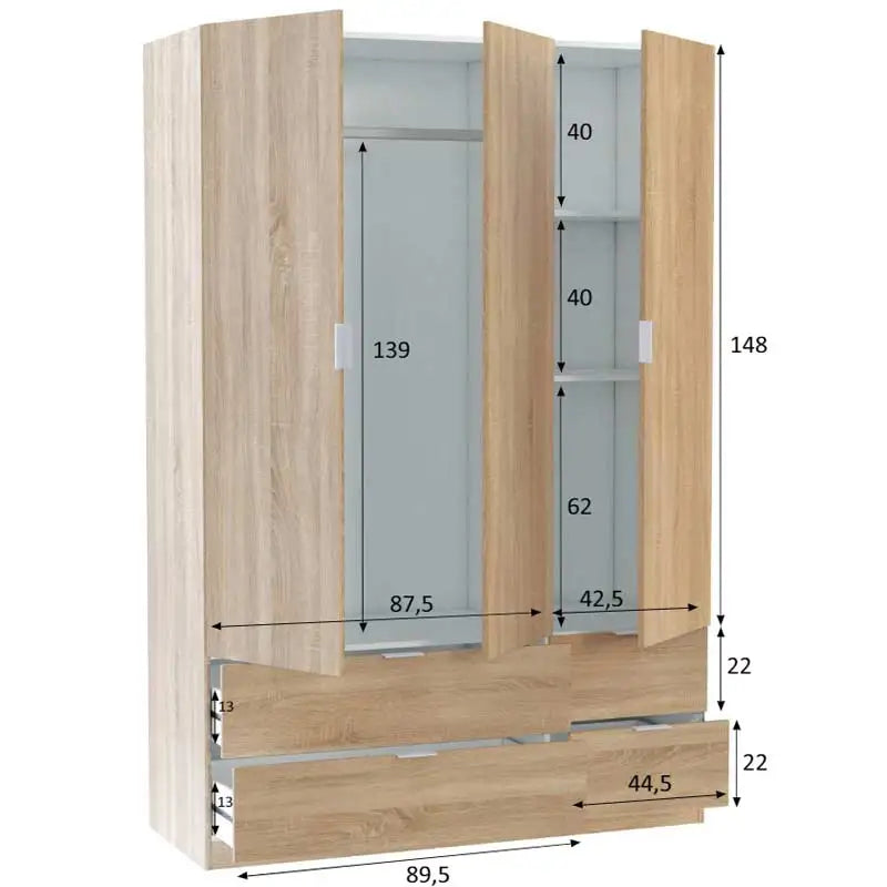 Wardrobe 3 Doors 4 Drawers Oak Canadian Bedroom Double Room Storage Furniture 200X135X52 Cm