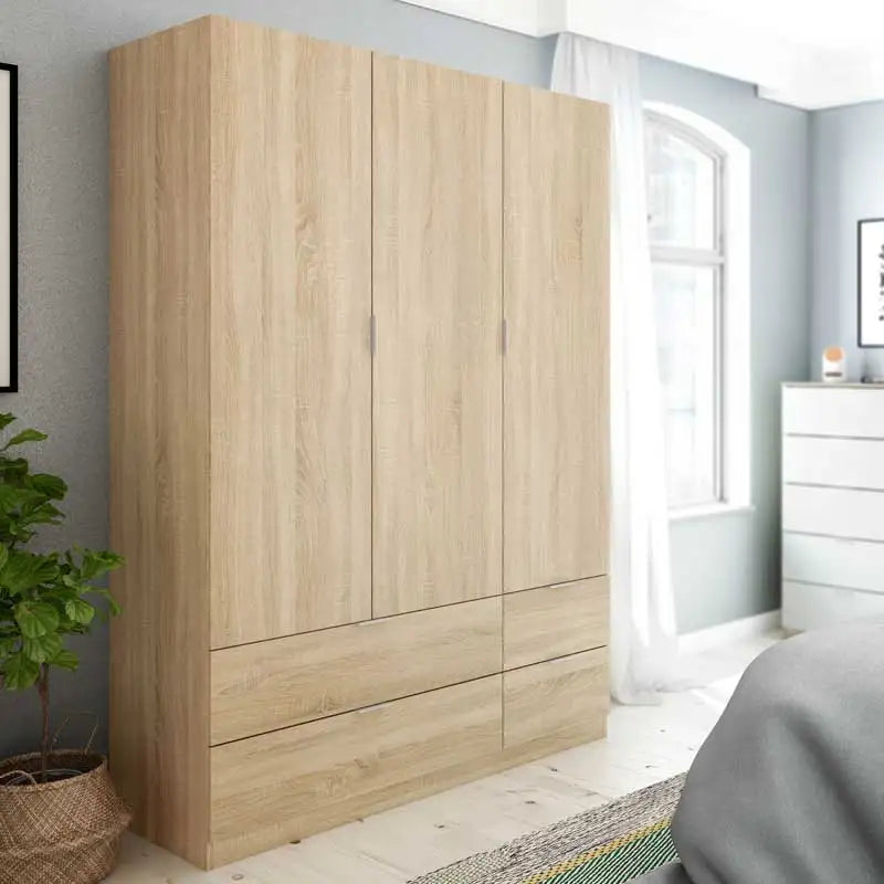Wardrobe 3 Doors 4 Drawers Oak Canadian Bedroom Double Room Storage Furniture 200X135X52 Cm