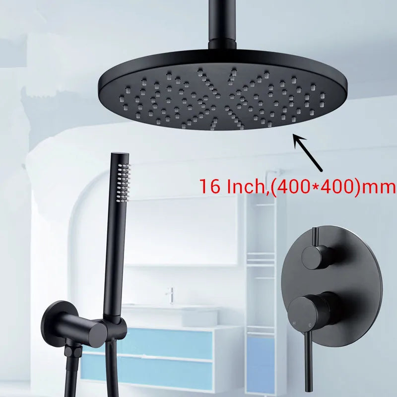 Black Shower System Set Bathroom Faucet Mixer Diverter Tap Brass Ceiling or Wall Arm Handheld Spray with 8-16" Rian Head