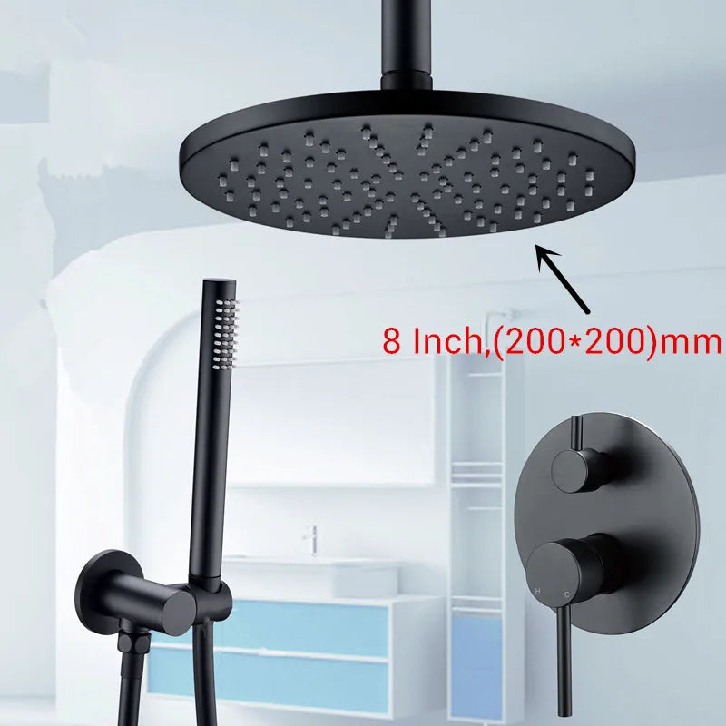 Black Shower System Set Bathroom Faucet Mixer Diverter Tap Brass Ceiling or Wall Arm Handheld Spray with 8-16" Rian Head