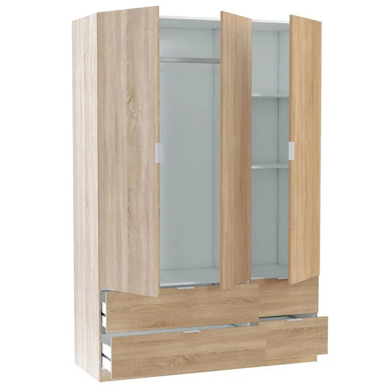 Wardrobe 3 Doors 4 Drawers Oak Canadian Bedroom Double Room Storage Furniture 200X135X52 Cm