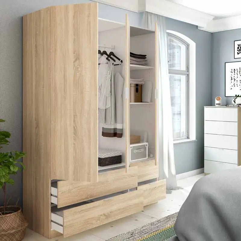 Wardrobe 3 Doors 4 Drawers Oak Canadian Bedroom Double Room Storage Furniture 200X135X52 Cm