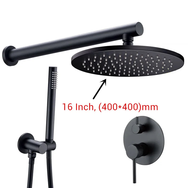 Black Shower System Set Bathroom Faucet Mixer Diverter Tap Brass Ceiling or Wall Arm Handheld Spray with 8-16" Rian Head