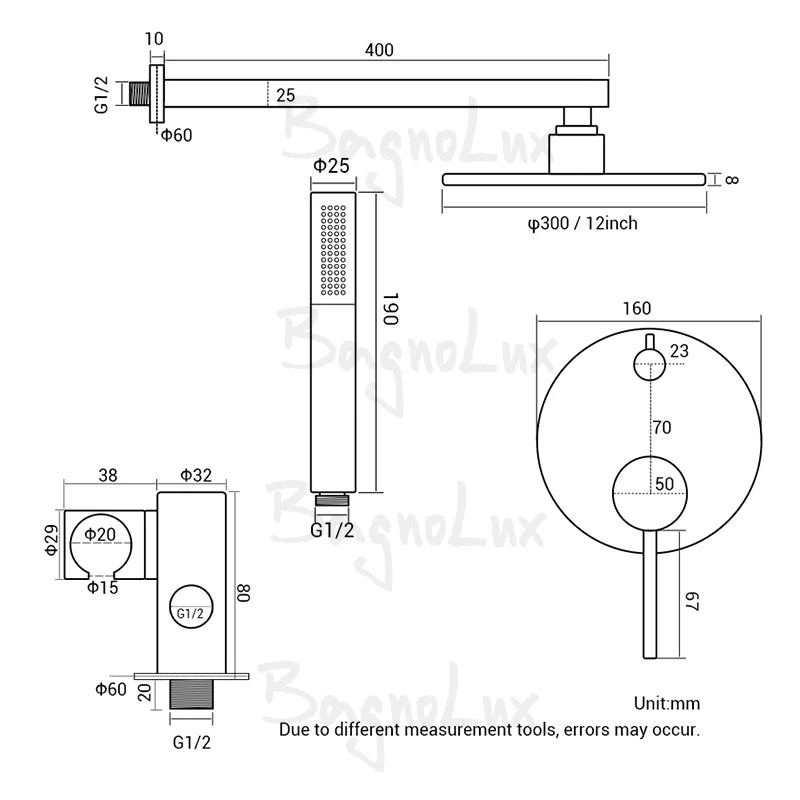 Black Shower System Set Bathroom Faucet Mixer Diverter Tap Brass Ceiling or Wall Arm Handheld Spray with 8-16" Rian Head