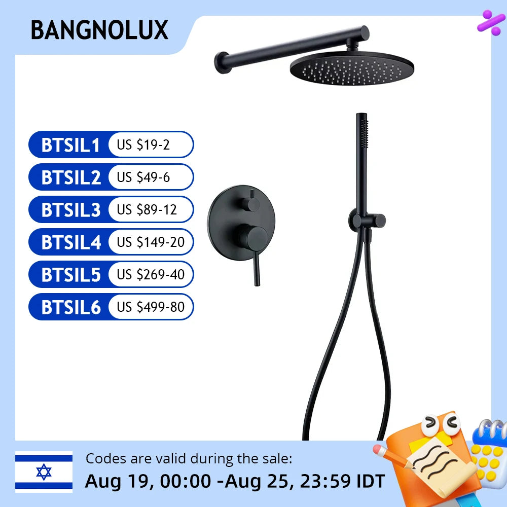 Black Shower System Set Bathroom Faucet Mixer Diverter Tap Brass Ceiling or Wall Arm Handheld Spray with 8-16" Rian Head