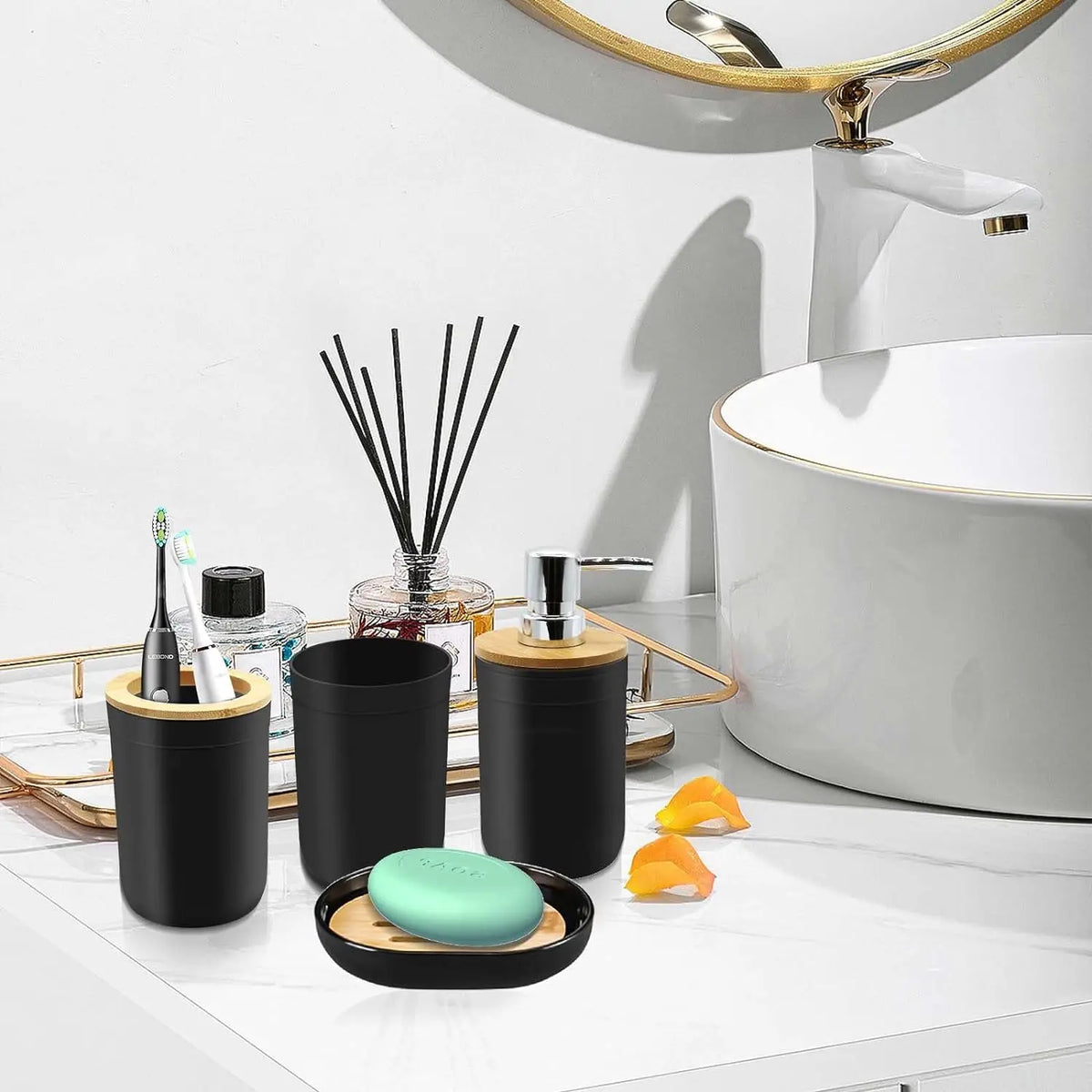 4-Piece Black Bathroom Accessories Set, Plastic Toothbrush Holder with Bamboo Cover, Toothbrush Cup, Lotion Dispenser, Soap Box