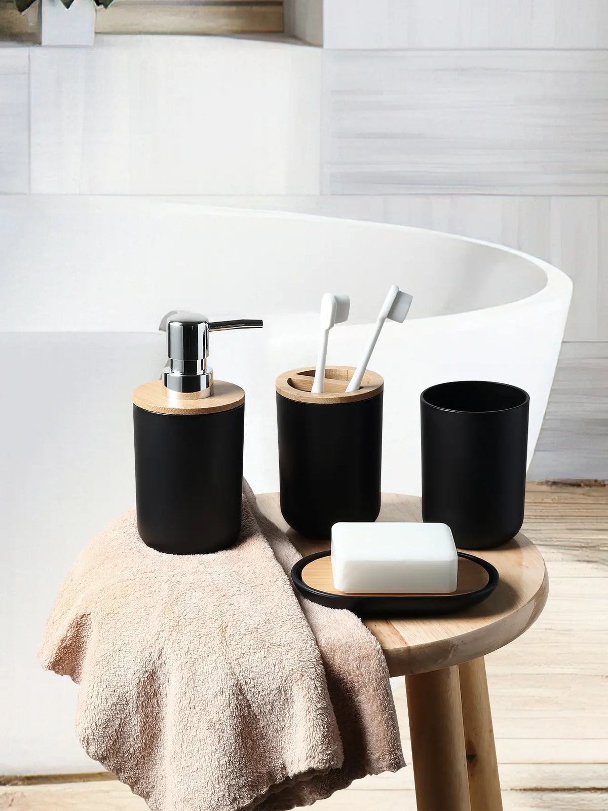 4-Piece Black Bathroom Accessories Set, Plastic Toothbrush Holder with Bamboo Cover, Toothbrush Cup, Lotion Dispenser, Soap Box