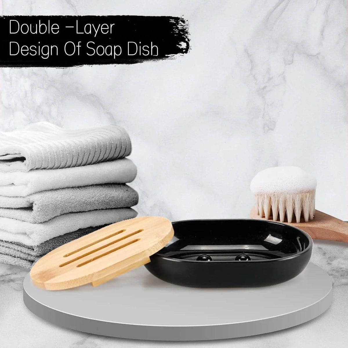 4-Piece Black Bathroom Accessories Set, Plastic Toothbrush Holder with Bamboo Cover, Toothbrush Cup, Lotion Dispenser, Soap Box