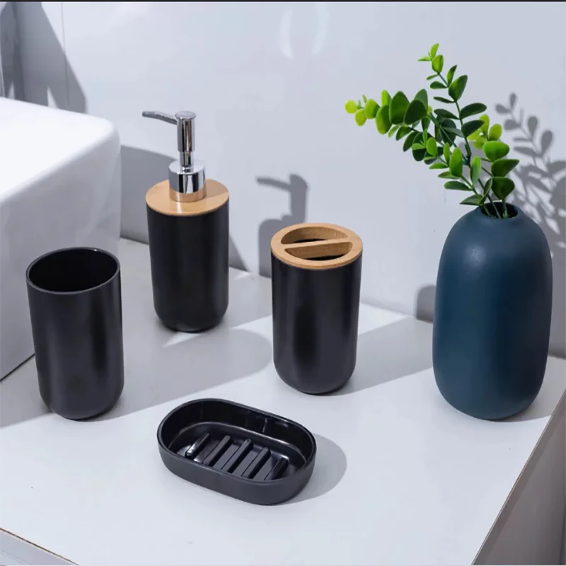 4-Piece Black Bathroom Accessories Set, Plastic Toothbrush Holder with Bamboo Cover, Toothbrush Cup, Lotion Dispenser, Soap Box