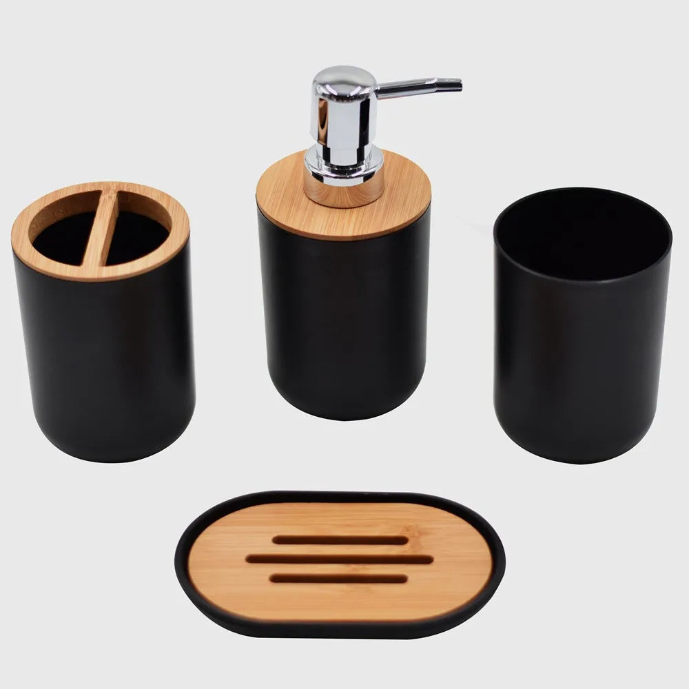 4-Piece Black Bathroom Accessories Set, Plastic Toothbrush Holder with Bamboo Cover, Toothbrush Cup, Lotion Dispenser, Soap Box