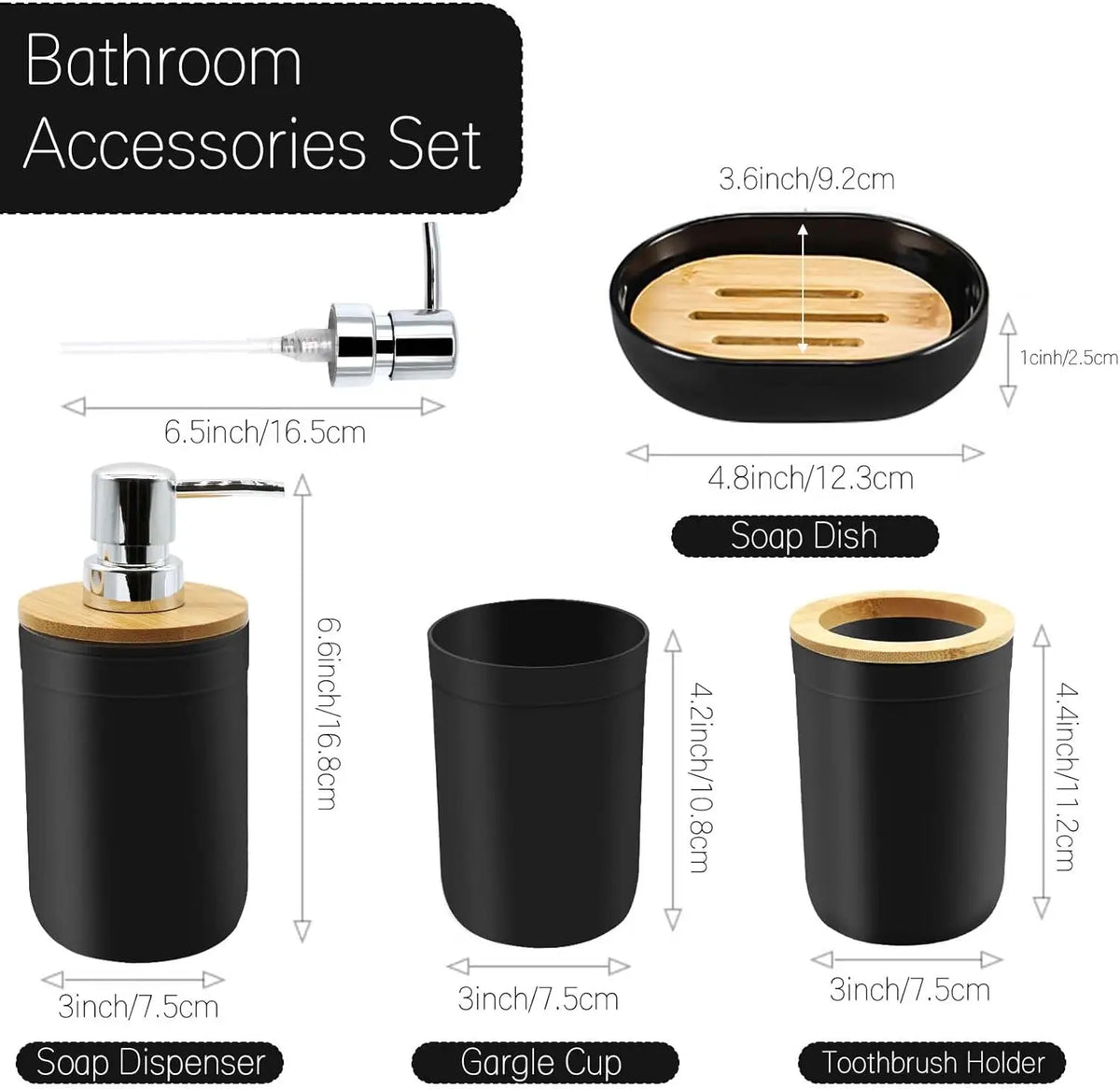 4-Piece Black Bathroom Accessories Set, Plastic Toothbrush Holder with Bamboo Cover, Toothbrush Cup, Lotion Dispenser, Soap Box