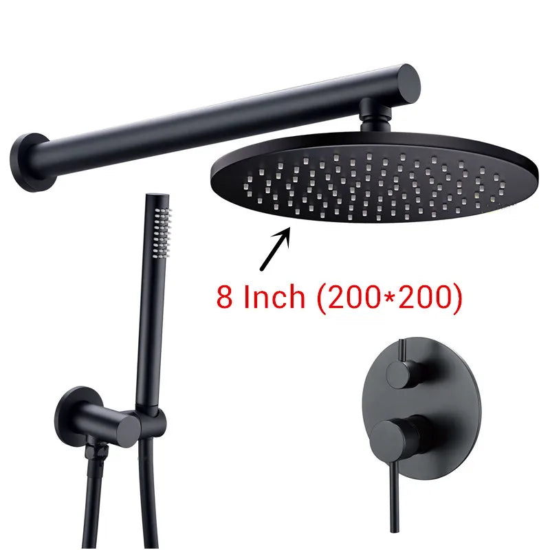 Black Shower System Set Bathroom Faucet Mixer Diverter Tap Brass Ceiling or Wall Arm Handheld Spray with 8-16" Rian Head