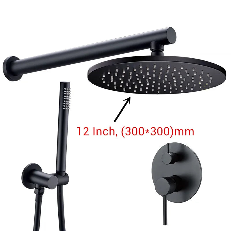 Black Shower System Set Bathroom Faucet Mixer Diverter Tap Brass Ceiling or Wall Arm Handheld Spray with 8-16" Rian Head