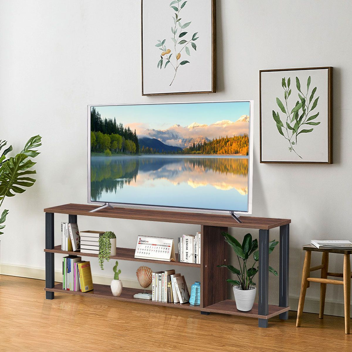 Mueble TV Moderno Con Repisas Abiertas Centro Multimedial 3 Niveles Para TV Hasta 107 Cm Soporte Stand Para TV 112 X 29 X 40,5 Cm Café